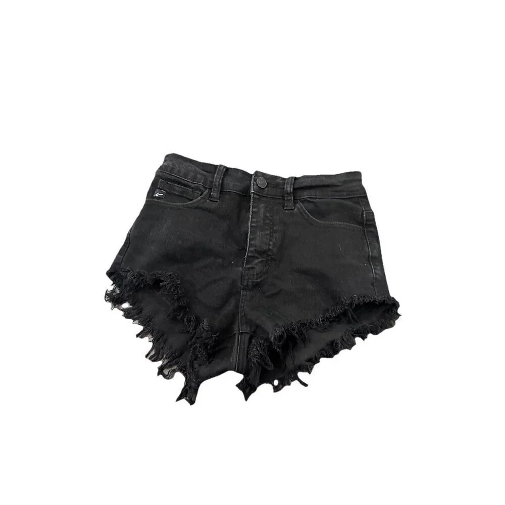 Kancan Black Cut Off Fringe Raw Hem Jean Denim Shorts Style KC6033BK Size 1/24